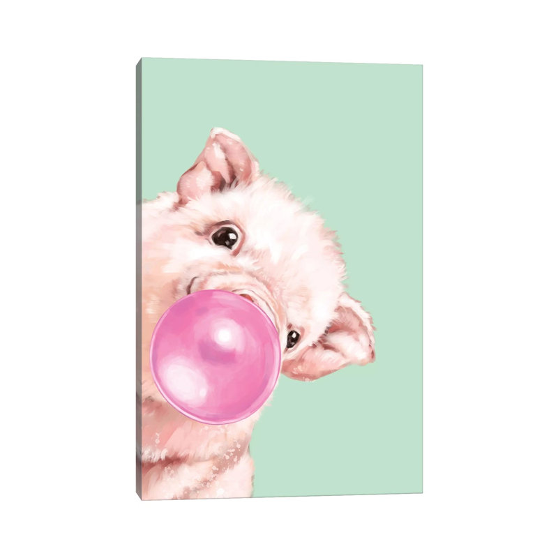 Sneaky Baby Pig Blowing Bubble Gum In Green by Big Nose Work - Wrapped Canvas Print, 20.32 cm H x 30.48 cm W