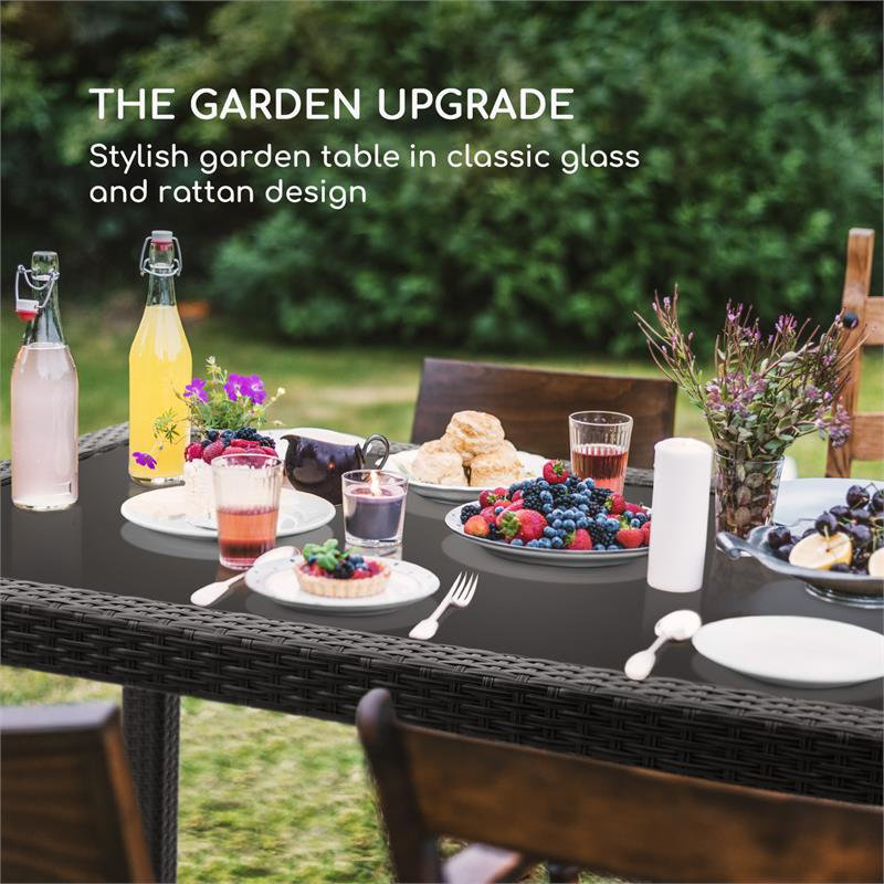 Rectangular Glass Outdoor Dining Table - 150 cm W 90 cm D, Black