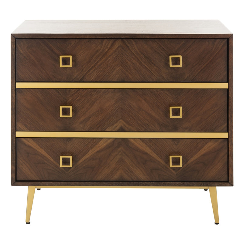 Élégante table de chevet à 3 tiroirs Brontie - Commode de chambre en bois de noyer avec motif à chevrons et pieds dorés