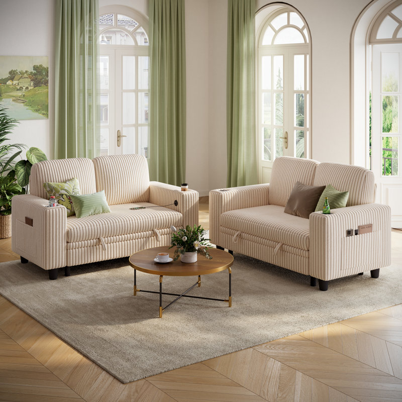 Sherry 56" Upholstered Storage Loveseat with Charging & Cup Holders, Effie Beige Corduroy