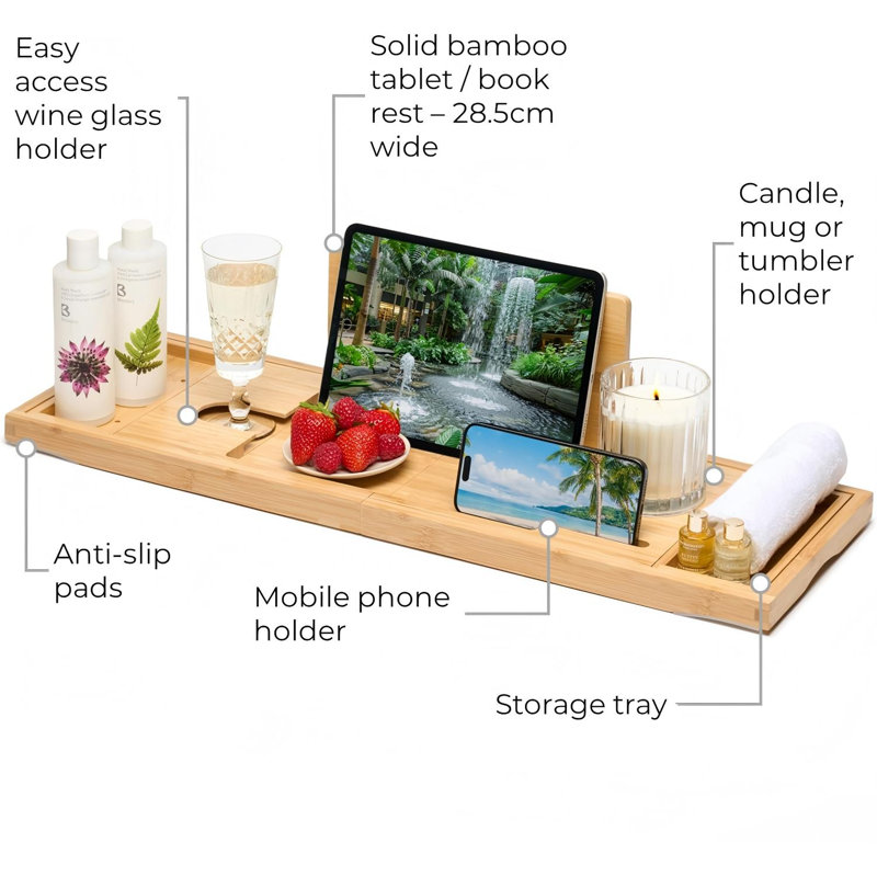 Plateau de baignoire pliable en bambou, extensible et compatible avec tous les accessoires de baignoire