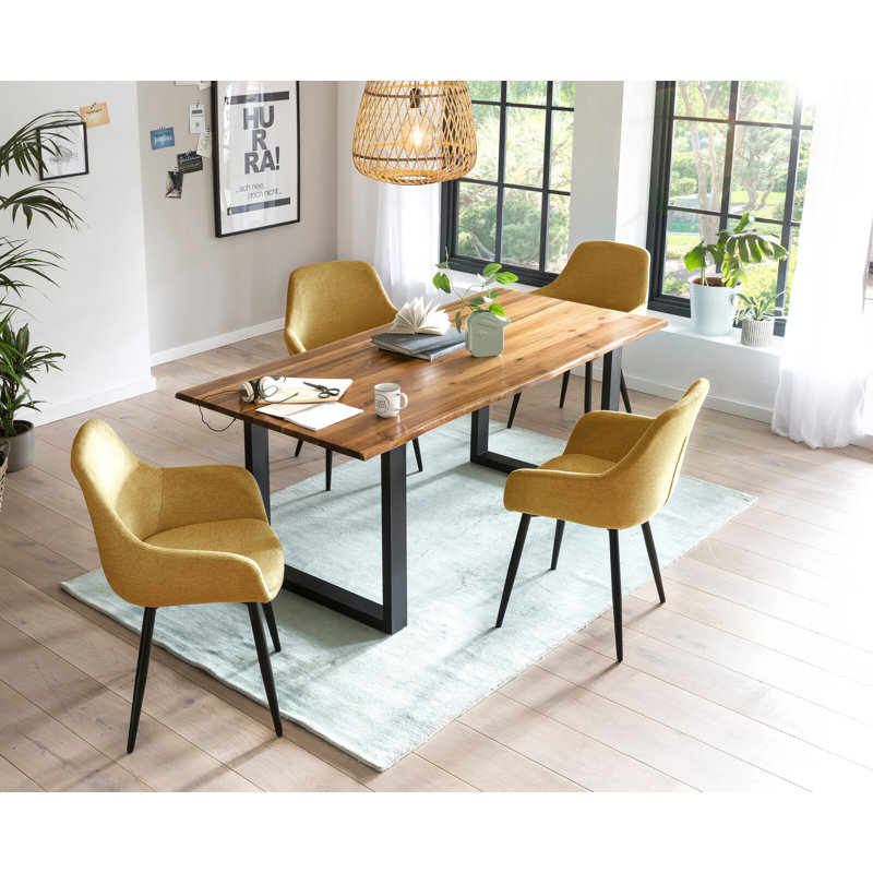 4 - Person Dining Set, 75cm H x 180cm W x 90cm D, Cognac/Yellow/Black, Black/Yellow/Cognac