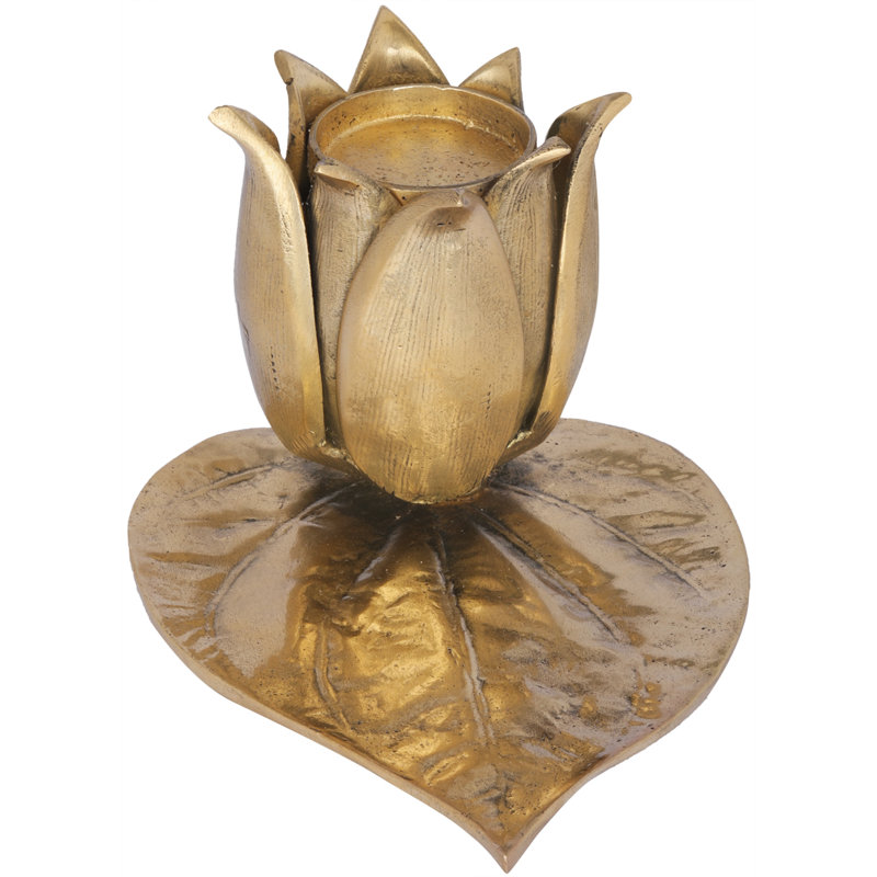 Brass Lotus Flower Candle Holder on Betel Leaf Paan Patta Base, Handcrafted Spiritual Decor for Tabletop Altar Meditation