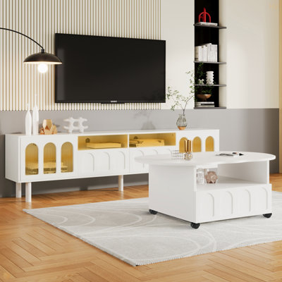 Ensemble de meuble télé et de table basse de style crème avec 2 bandes de lumière DEL pour téléviseur de 80 po ou moins, avec plateau à 2 roulettes pour le salon