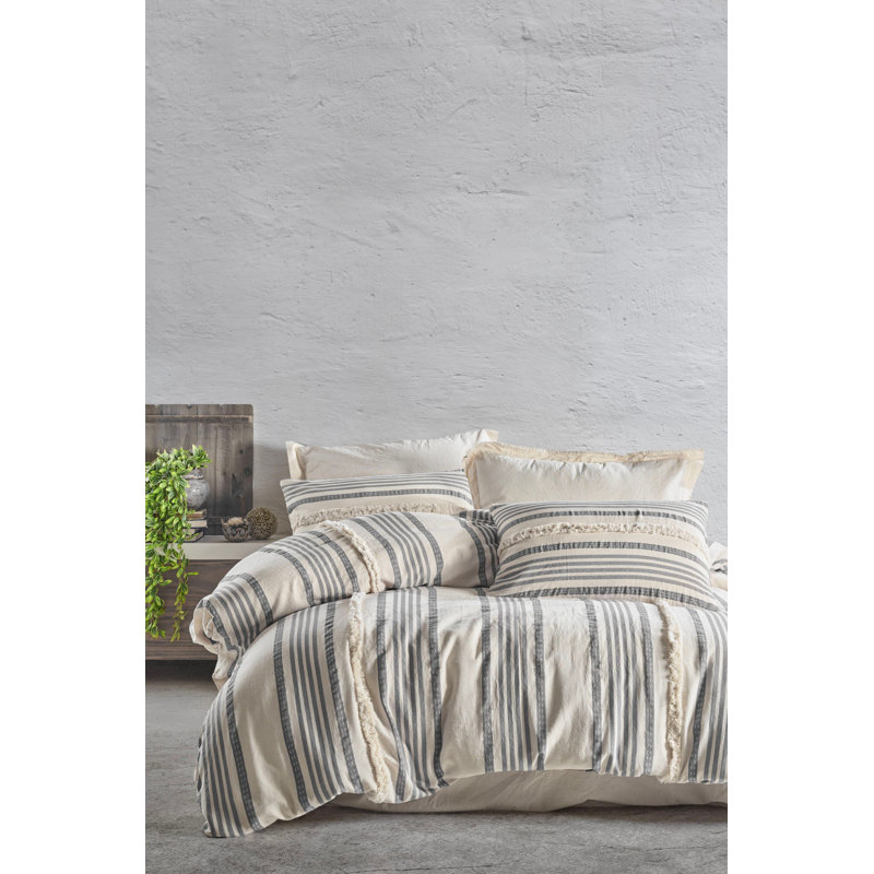 Throwback Cotton Striped Duvet Cover Set with Pillowcases, Grey