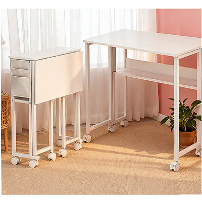Folding Computer Desk,with Storage Bag, Shelf and Wheels for Small Spaces, Home Office