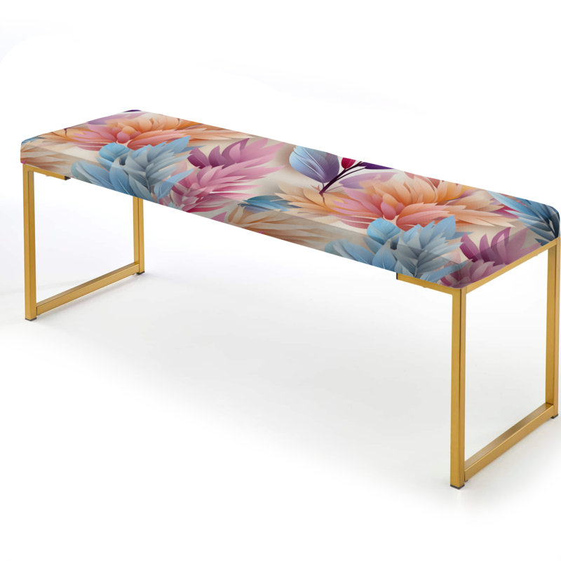 Banc floral rembourré or, Motif de fougères bohémiennes roses et bleues