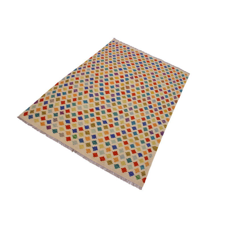 Tapis ivoire / bleu / jaune en laine fabriqué à la main de conception unique 5 pi 3 po x 7 pi 7 po Lowella