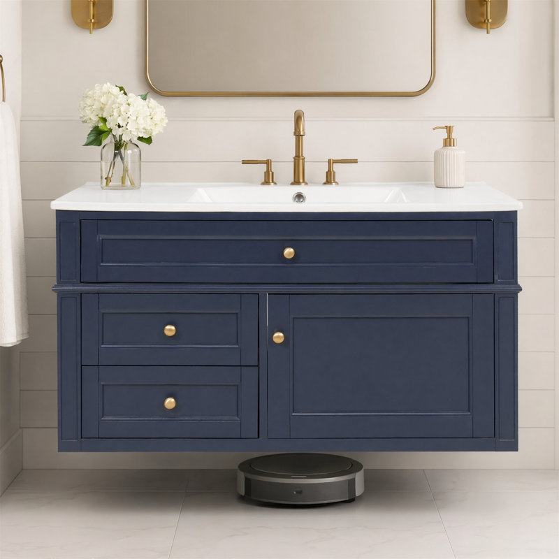 Meuble-lavabo flottant mural 36 po, gris (SKU différent), 2 tiroirs + lavabo en céramique, Bleu