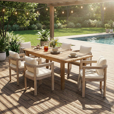 Ensemble de salle à manger 7 pièces en bois d'acacia avec coussins, 6 chaises modernes et 1 grande table pour la pelouse, la cour arrière, la terrasse du jardin, le bord de la piscine