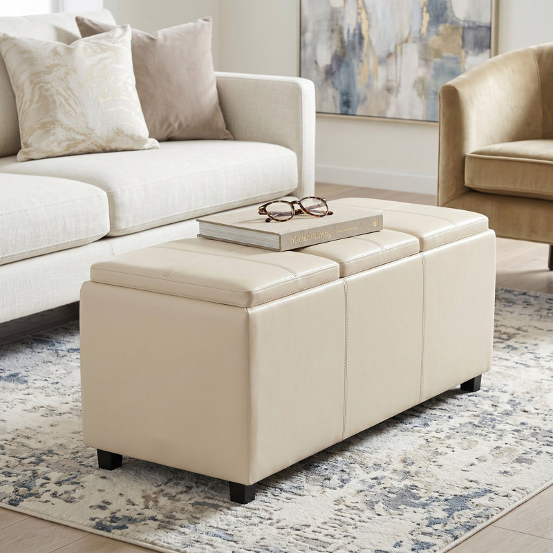 Repose-pieds de rangement rectangulaire avec rangement caché Avalon l 42 po Avalon, Similicuir satiné crème et végétalien
