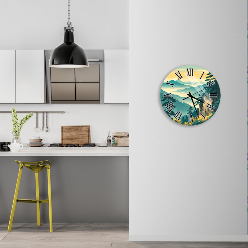 Horloge murale en verre trempé Mountain View, 10 pouces, Noir anglais