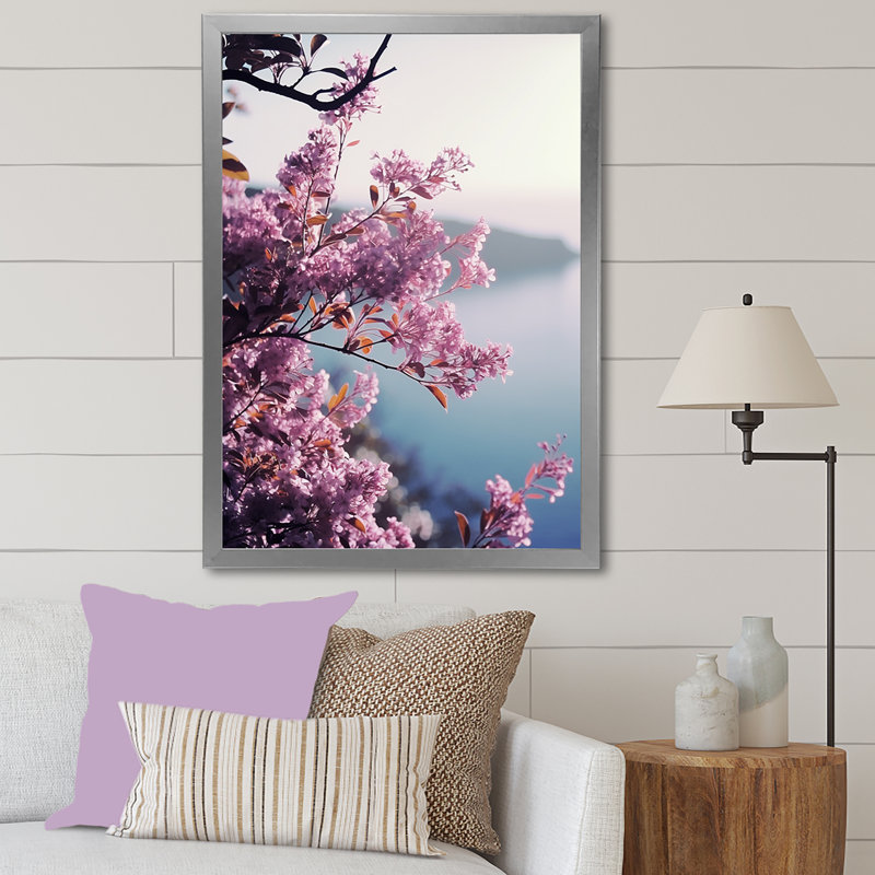 Lilas au bord de la mer - lilas, décoration murale, Cadre simple argenté, H 32 po x l 16 po x P 1 po