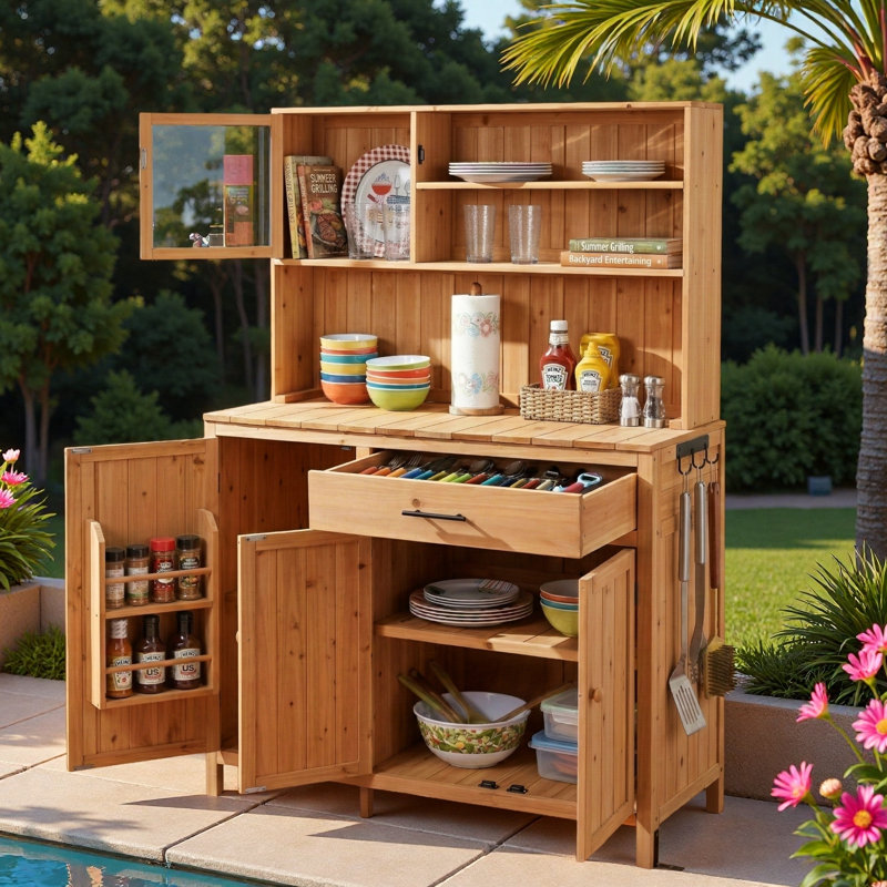 Banc de rempotage avec huche, grand comptoir, tablettes réglables, support à épices, crochets latéraux et tiroir, Natural