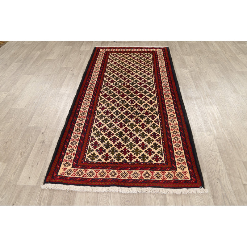 Tapis ivoire / rouge en laine noué à la main de conception unique 3 pi 5 po x 6 pi 9 po Franciszek