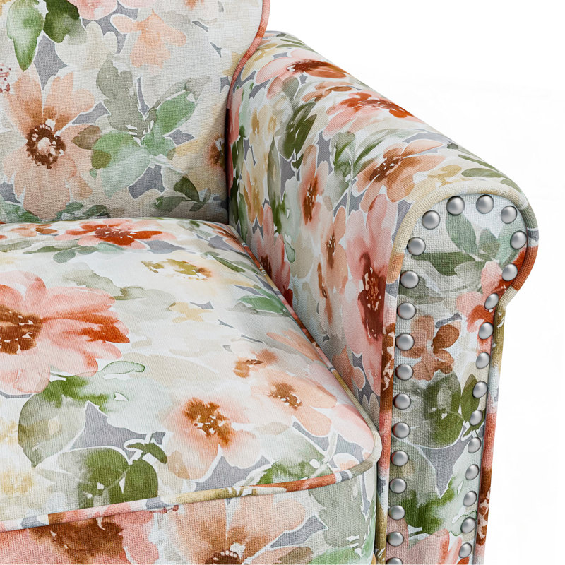Chaise d'appoint en orange pastel et vert floral avec pieds en bois massif, Green Polyester