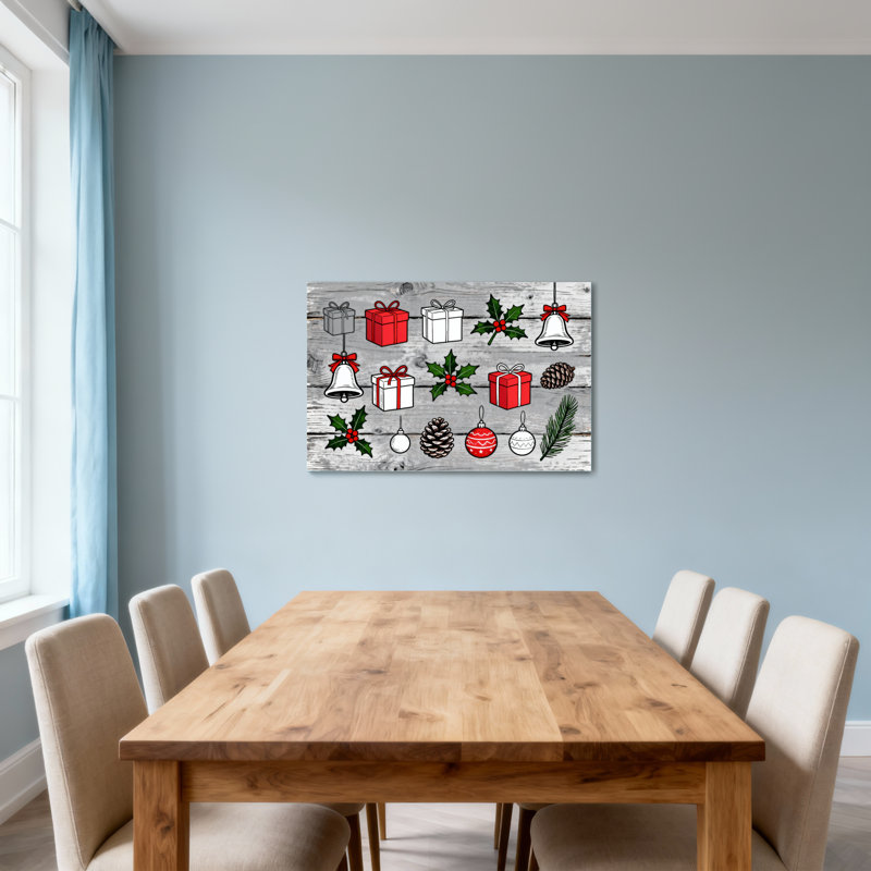 Décorations de Noël sur fond de bois, H 16 po x l 24 po