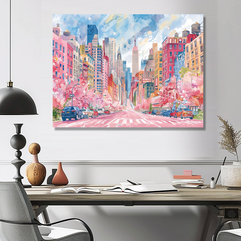 Rose, bleu, bâtiments de New York en été - salon d'art mural de New York, Sans cadre, métal, H 34 po x l 44 po