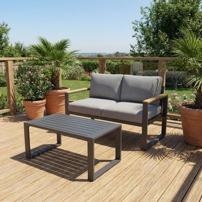 Mobilier de patio extérieur en aluminium - Causeuse et table basse 1 pièce, mobilier extérieur moderne en métal toutes saisons avec coussin épais lavable pour balcon, jardin, terrasse, cour