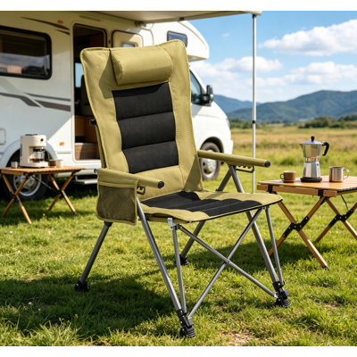 Chaise de camping inclinable réglable à 5 positions, poche latérale et sac de transport, chaise d'extérieur portative robuste pour la plage, le camping, le patio, le kaki