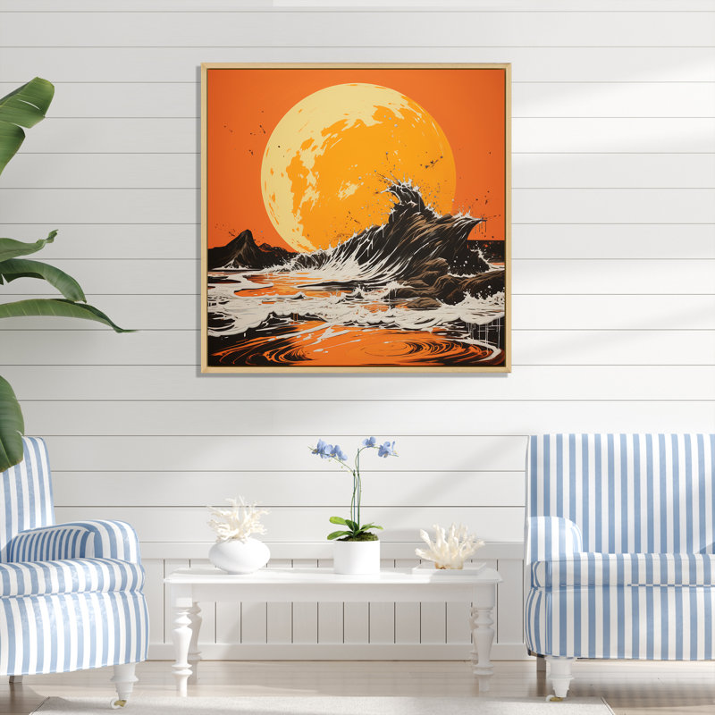 «Tangerine Skies Ocean Waves 1 - Coastal Sunset», art mural, Cadre flottant brun, H 16 po x l 16 po