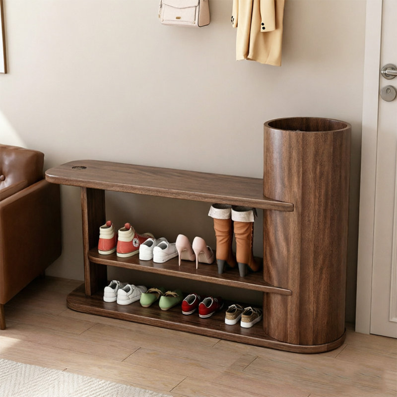 Étagère à chaussures 30,71 po en noyer massif brun avec banc à chaussures, H 22,83 po x l 30,71 po x P 16,54 po