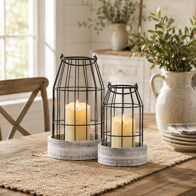 Metal Lantern Candle Holder Set of 2, Decorative Candle Stands with Wooden Base