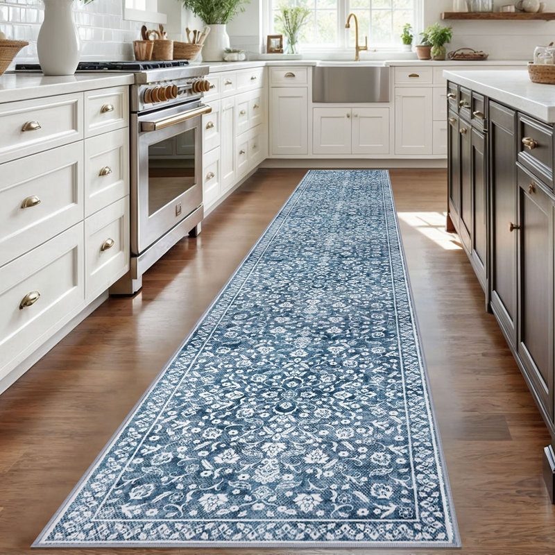 Blue Machine Washable Rugs for Bedroom Non-Slip Low Pile Throw Rugs with Rubber Backing Washable Carpet, Runner 2' x 12'