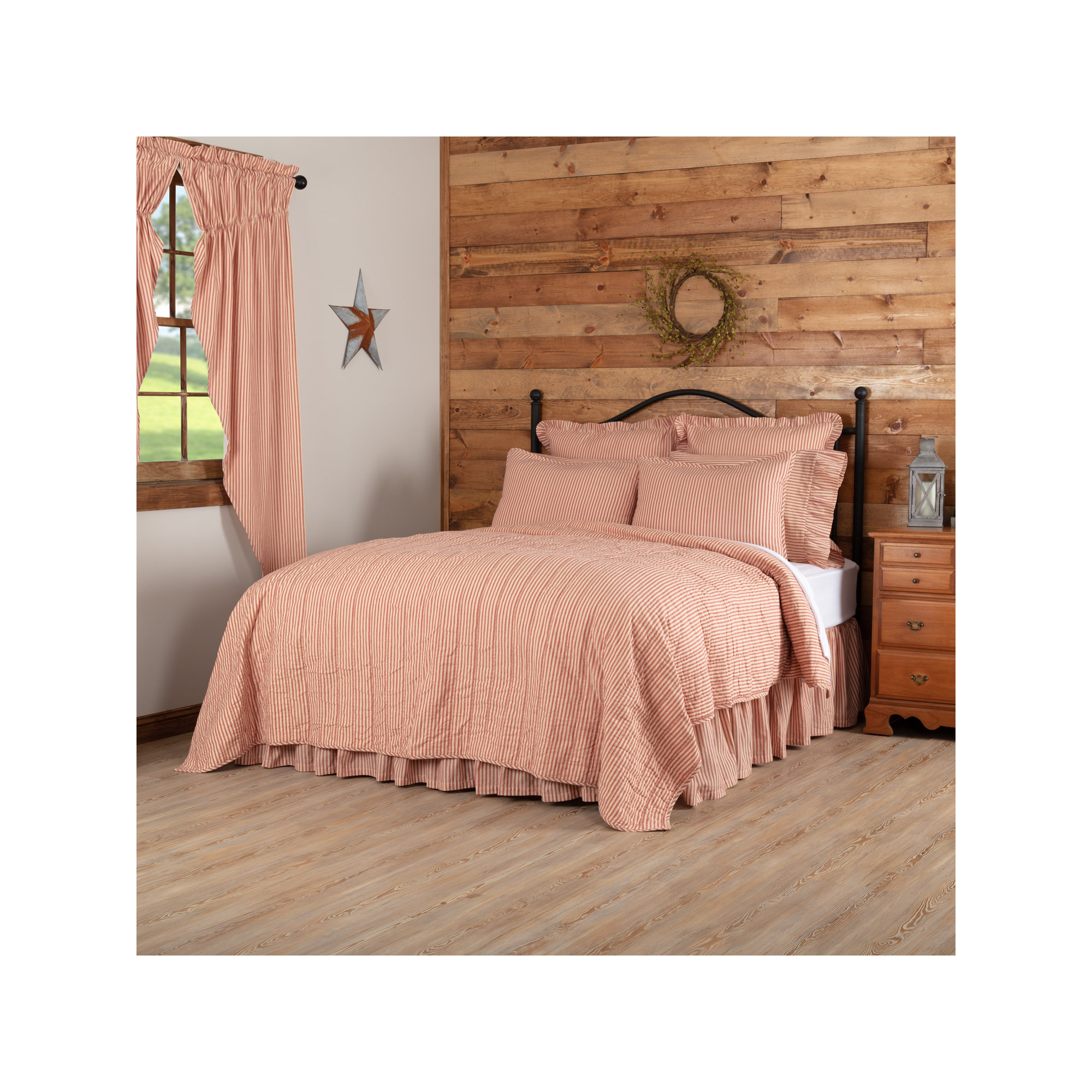 Sawyer Mill Ticking Stripe Quilt Coverlet, Queen, Country Red & Dark Tan