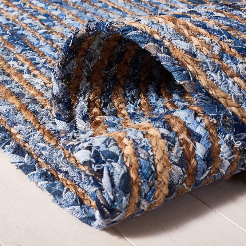 Tapis bleu / naturel tissé à plat à la main Demar, Oval 6 pi x 9 pi