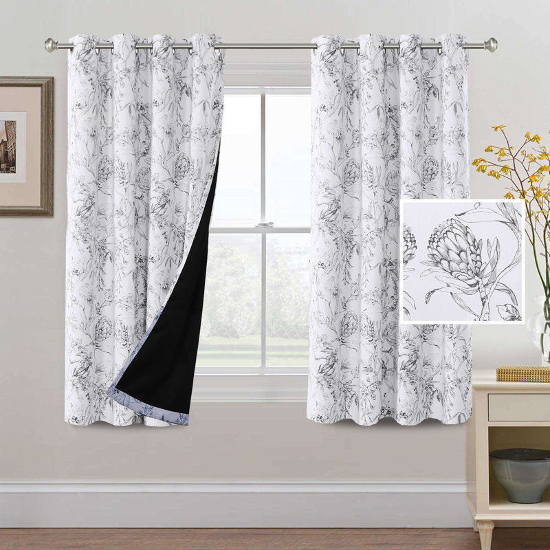 Pendar Floral Thermal Blackout Curtain with Grommets, Grey, 63" L x 52" W 