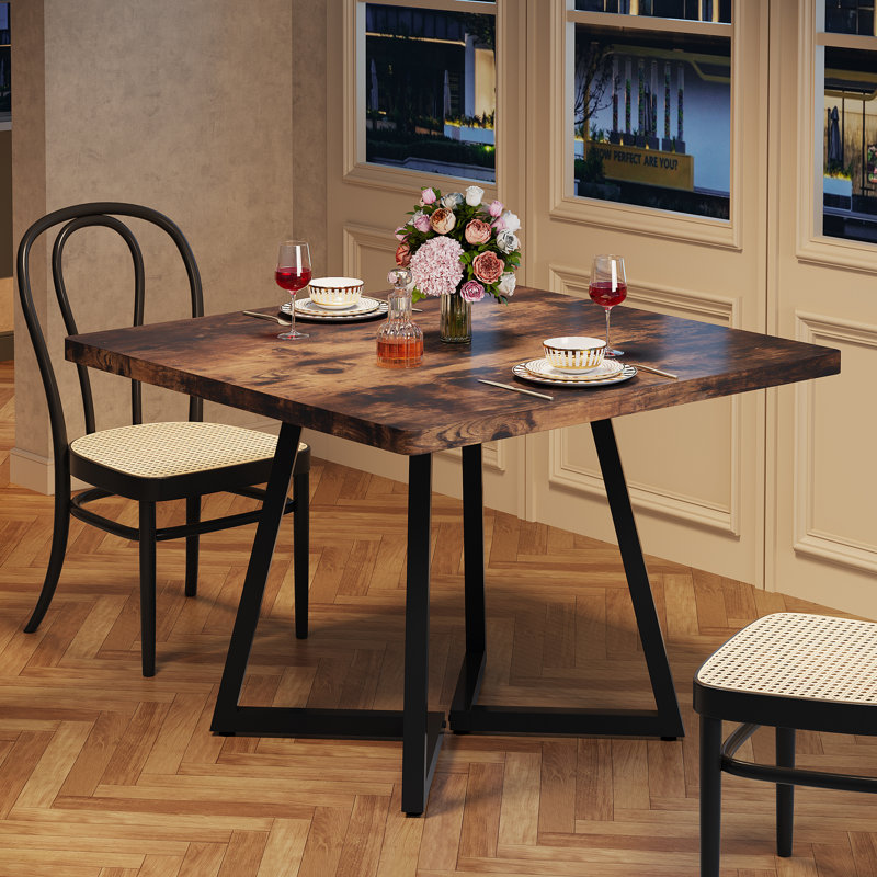 Table de salle à manger carrée, table de salle à manger industrielle 31,5 po, 1 pièce, Noir, Brun rétro