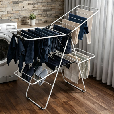 Séchoir à linge pliant à 2 niveaux, cintre pliable peu encombrant avec 26 pinces, sans assemblage
