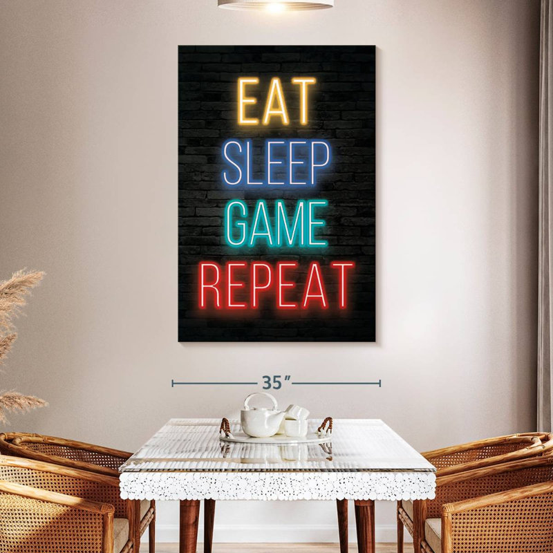 Neon Eat Sleep Game Répétition sur toile, H 51 po x l 34 po x P 1,25 po