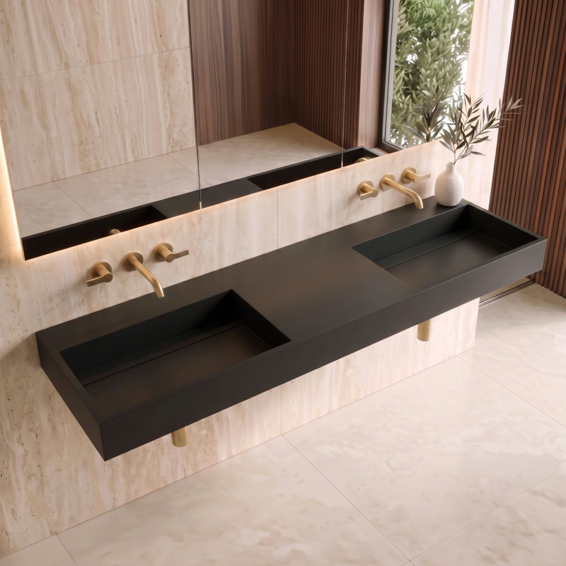 Lavabo de salle de bain mural à surface flottante avec drain dissimulé 72 po Juniper - noir, sans trou de robinet, Noir