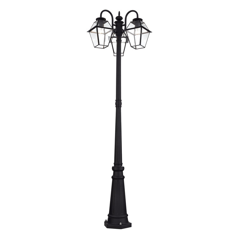 Lampadaire d'extérieur noir multi-têtes avec verre biseauté transparent