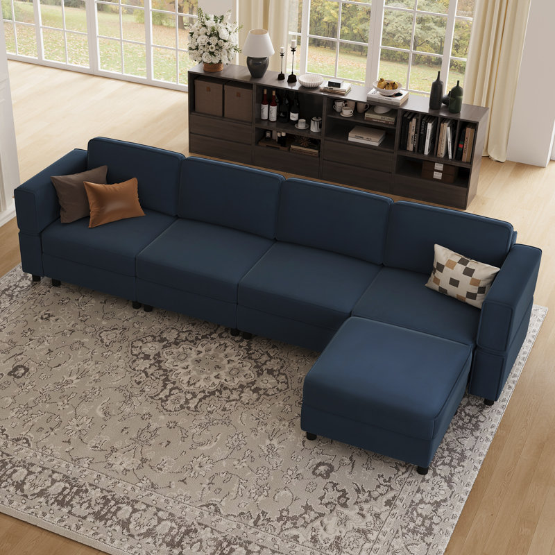 Upholstered Modular Sofa Sectional With Ottoman, Blue Velvet