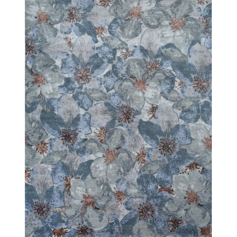Tapis bleu abstrait noué à la main 8 pi x 10 pi