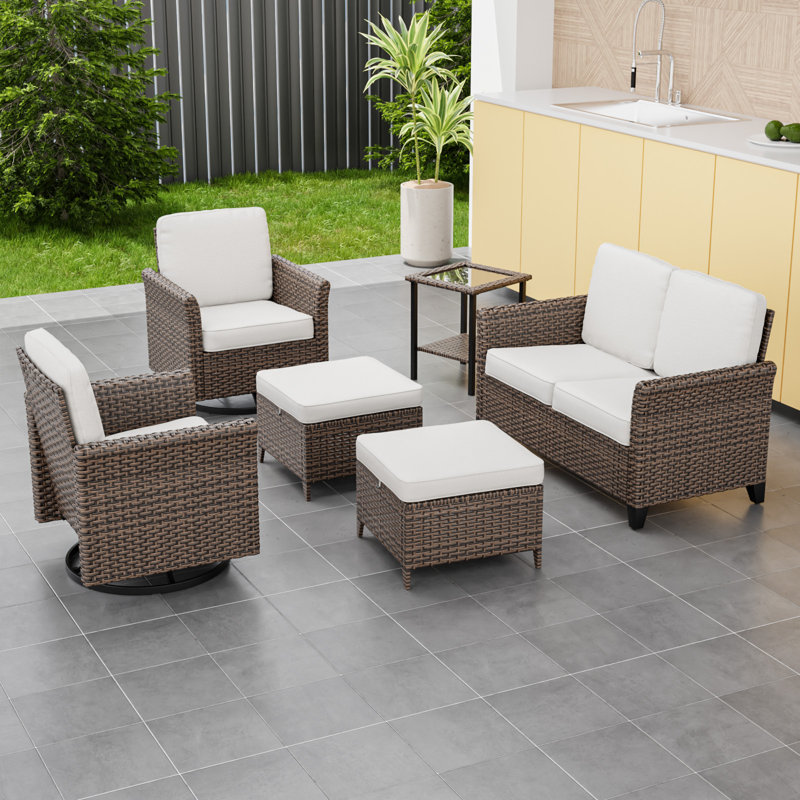 Ensemble de conversation 6 pièces pour patio avec accoudoirs courbés et pivotants, causeuse, repose-pieds et table, Beige