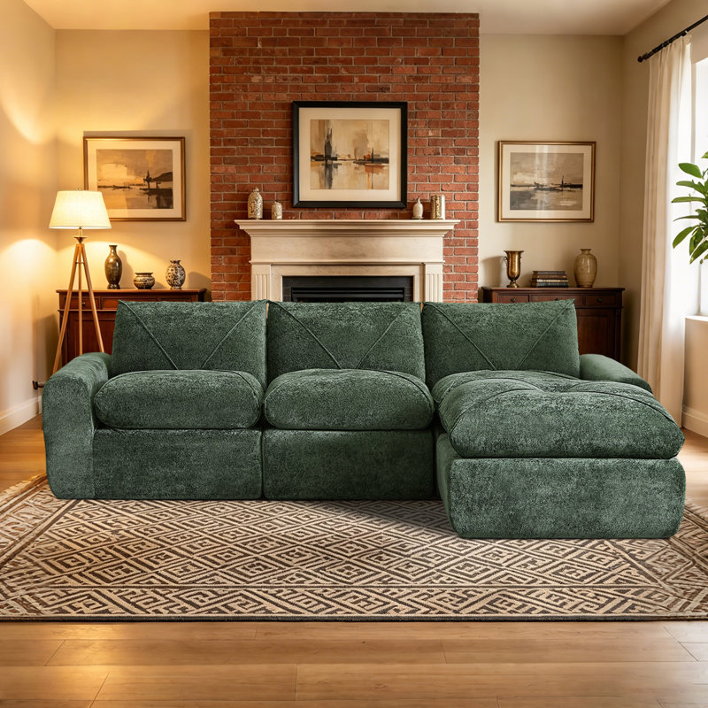 Balendin 119.80 W Chenille L-Shaped Sectional Sofa, Apartment Couch with Ottoman,Modular, Green Linen