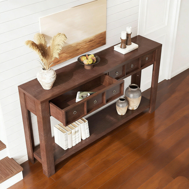 54-Inch Long Console Table, Wooden Entryway Table with 2 Drawers & Open Storage Shelf, Sofa Table Behind Couch, Brown