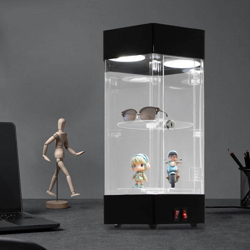 Vitrine électrique rotative à 2 niveaux avec armoire de collection à DEL et verrouillable en acrylique pour exposer des bijoux