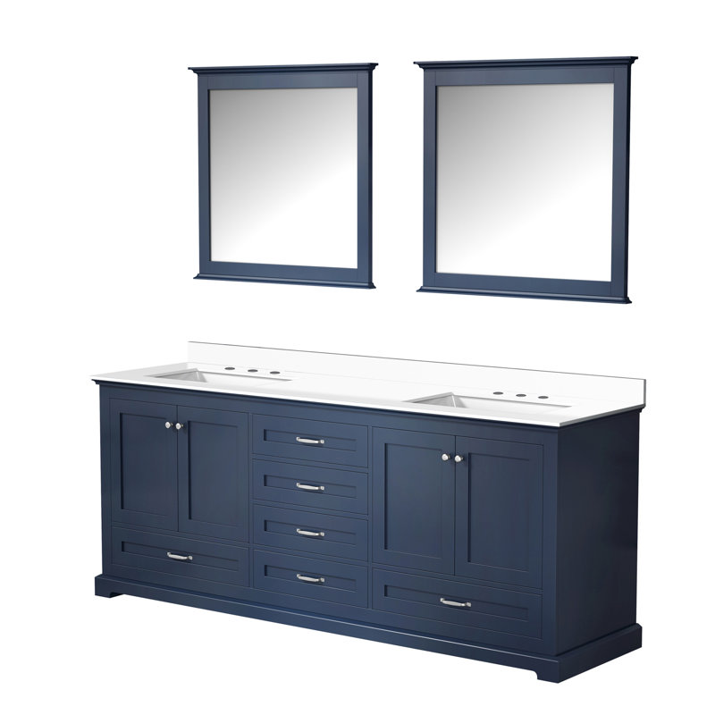 Meuble-lavabo double l 80 po x P 22 po, comptoir en quartz blanc et miroirs de 30 po, Marine