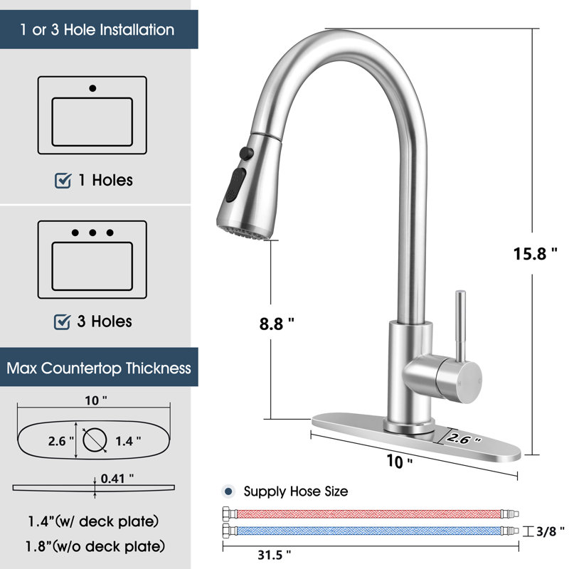 Robinet de cuisine avec douchette extractible Wilmall, Brushed Nickel
