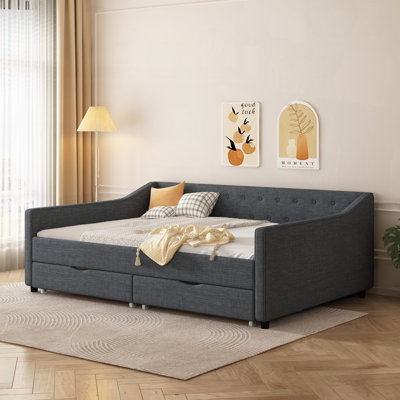 Daybed with Drawers Upholstered Tufted Sofa Bed Featuring Button-Tufted Back and Piping on Waved Shape Arms