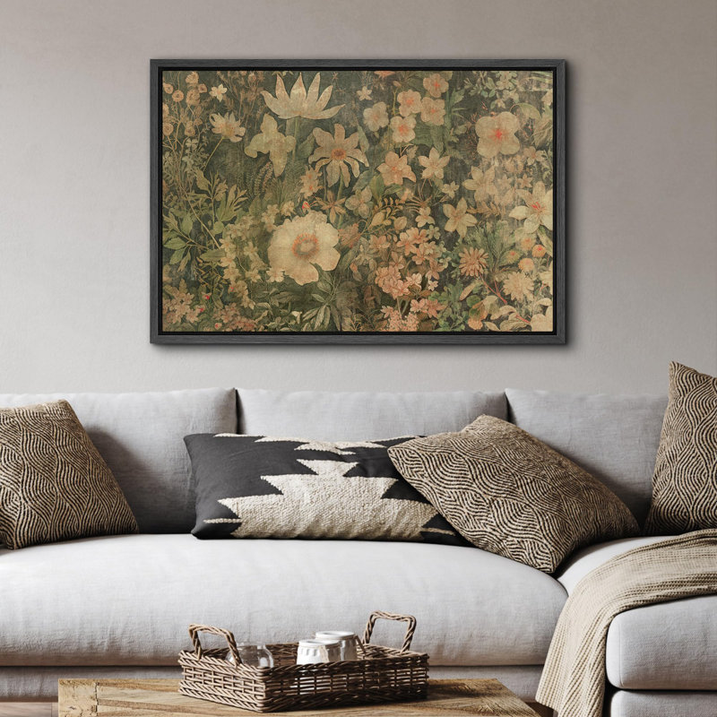«Vintage Gentle Meadows, fleurs en fleurs sous un ciel couvert, illustrations champêtre rustique français», Noir