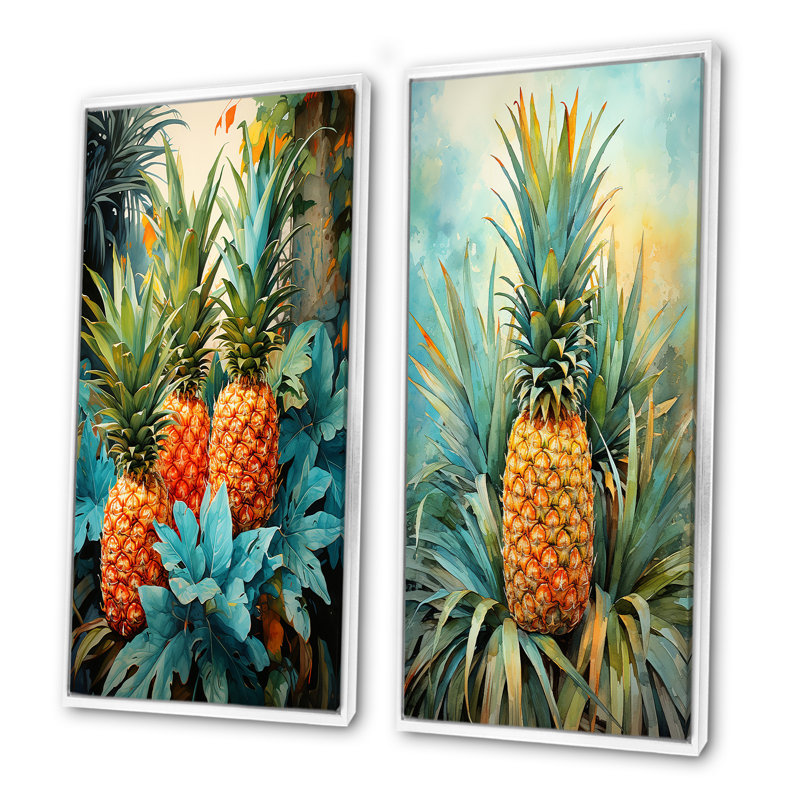 Ensemble de salon mural vert et bleu avec ananas tropicaux I - fruits, Cadre blanc, H 40 po x l 41 po