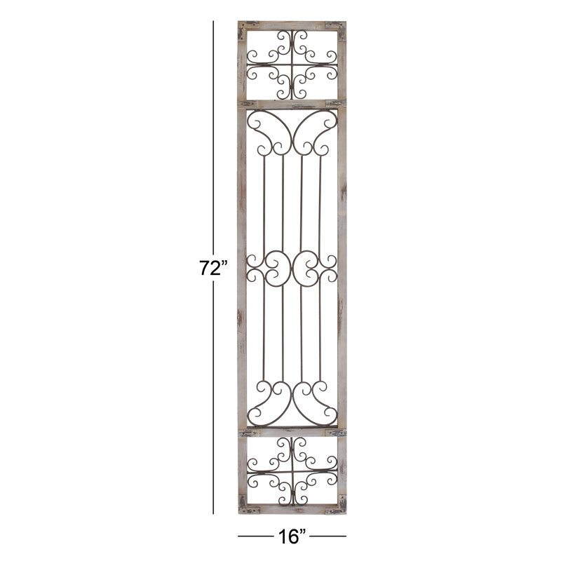 Wood Distressed Ornamental Panel Scroll Cream Wall Decor with Bronze Metal Wire Details