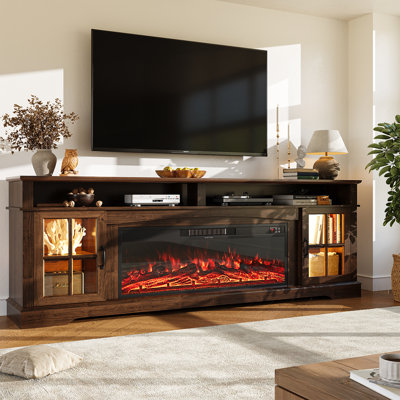 80" Farmhouse Fireplace TV Stand, Entertainment Center With Adjustable Shelves & Glass Doors, Tv Console With Cable Holes