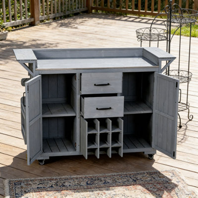 Modern 60.2''W Outdoor Kitchen Island with Wheels, Rolling Patio BBQ Kitchen Cart with Stainless Steel Top